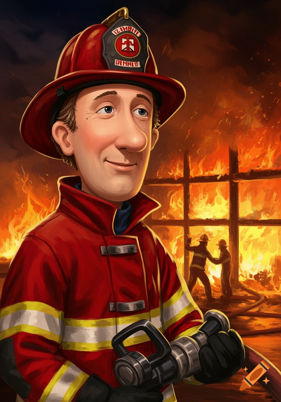 A smiling cartoon firefighter in a red suit and helmet holds a hose nozzle, with a large building engulfed in flames behind him.