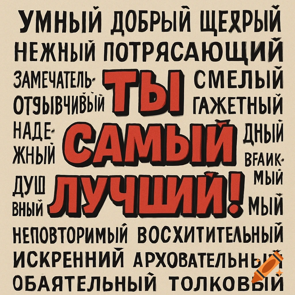 A beige poster-style image with large red Russian text in the center reading "Ты самый лучший!" (You are the best!). Surrounding it are various smaller black Russian words, some complete compliments, and others incomplete or nonsensical.