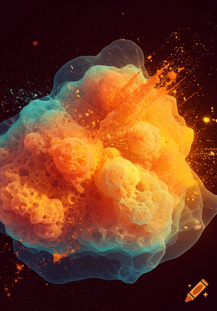 An abstract burst of translucent orange and teal colors with spatter effects on a dark background.