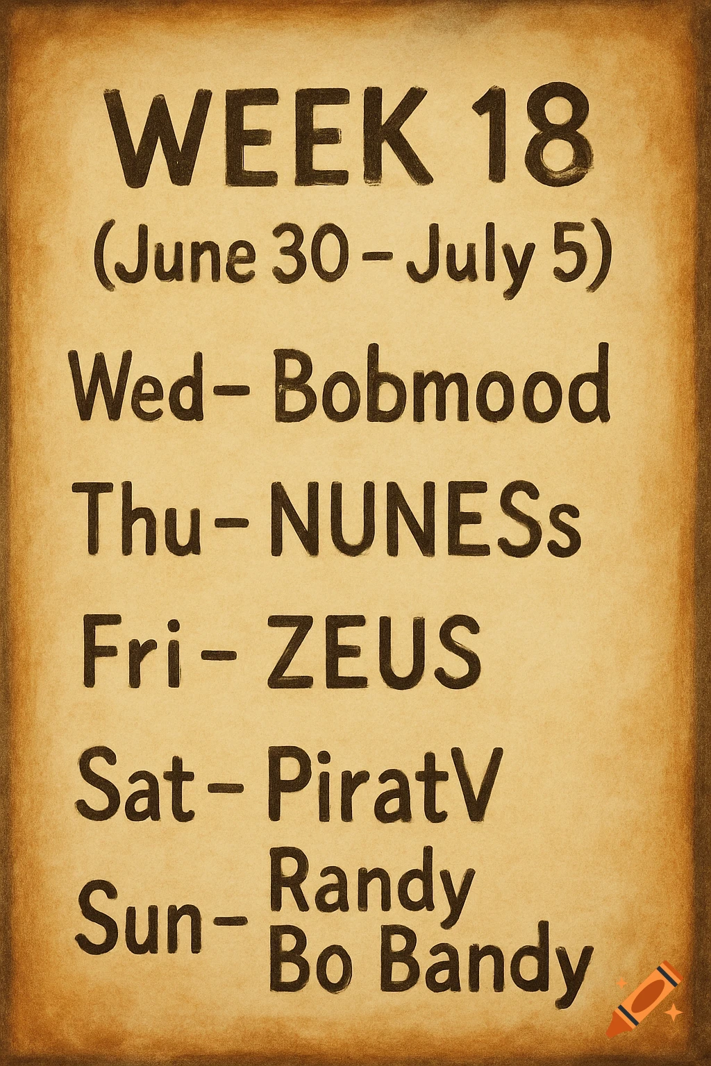 A digitally rendered list on a textured, aged paper background. The list is titled 'WEEK 18 (June 30 - July 5)' followed by days of the week and names: 'Wed- Bobmood', 'Thu- NUNESs', 'Fri- ZEUS', 'Sat- PiratV', 'Sun- Randy Bo Bandy'.