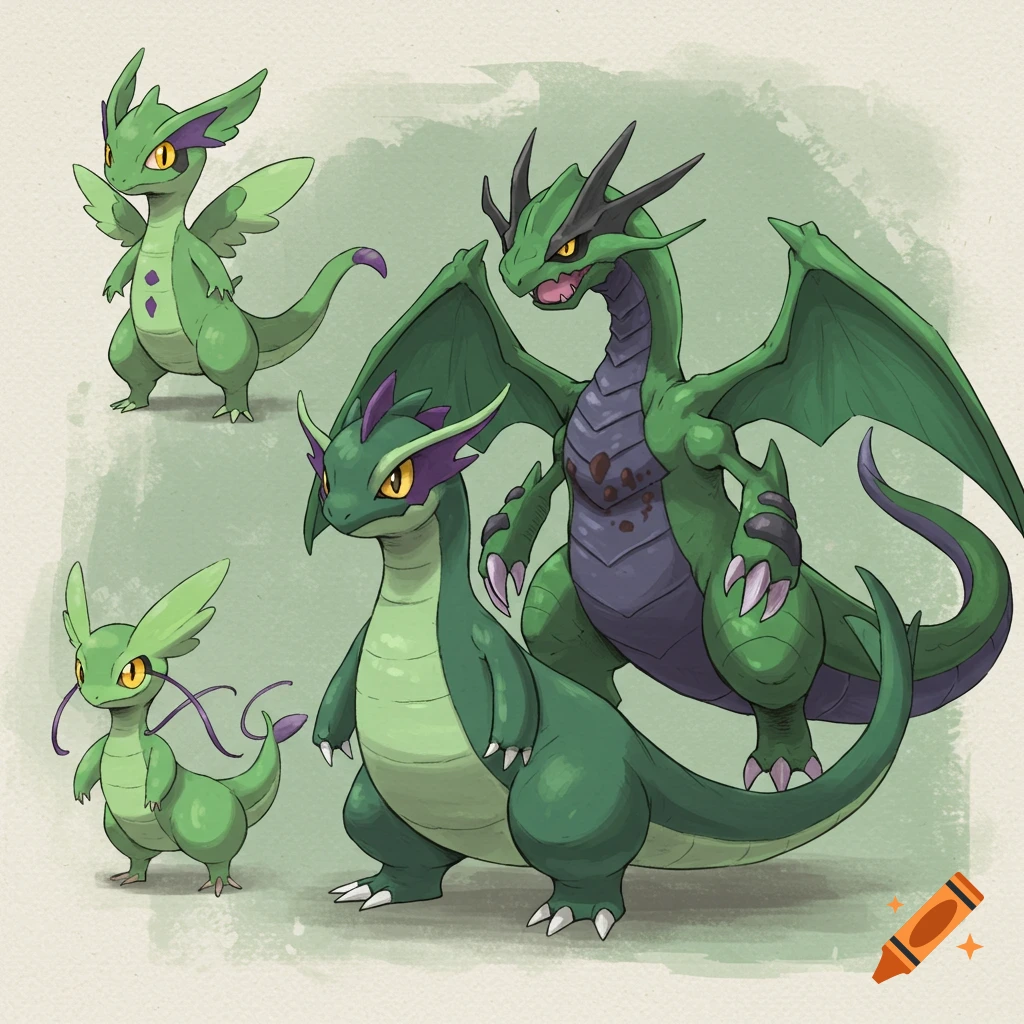 An illustration of three green dragon-like creatures in an evolutionary sequence, resembling Pokemon.