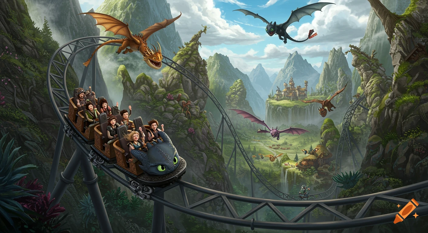 Animated image of a Toothless-themed roller coaster with riders soaring through a fantasy landscape with dragons and a castle.
