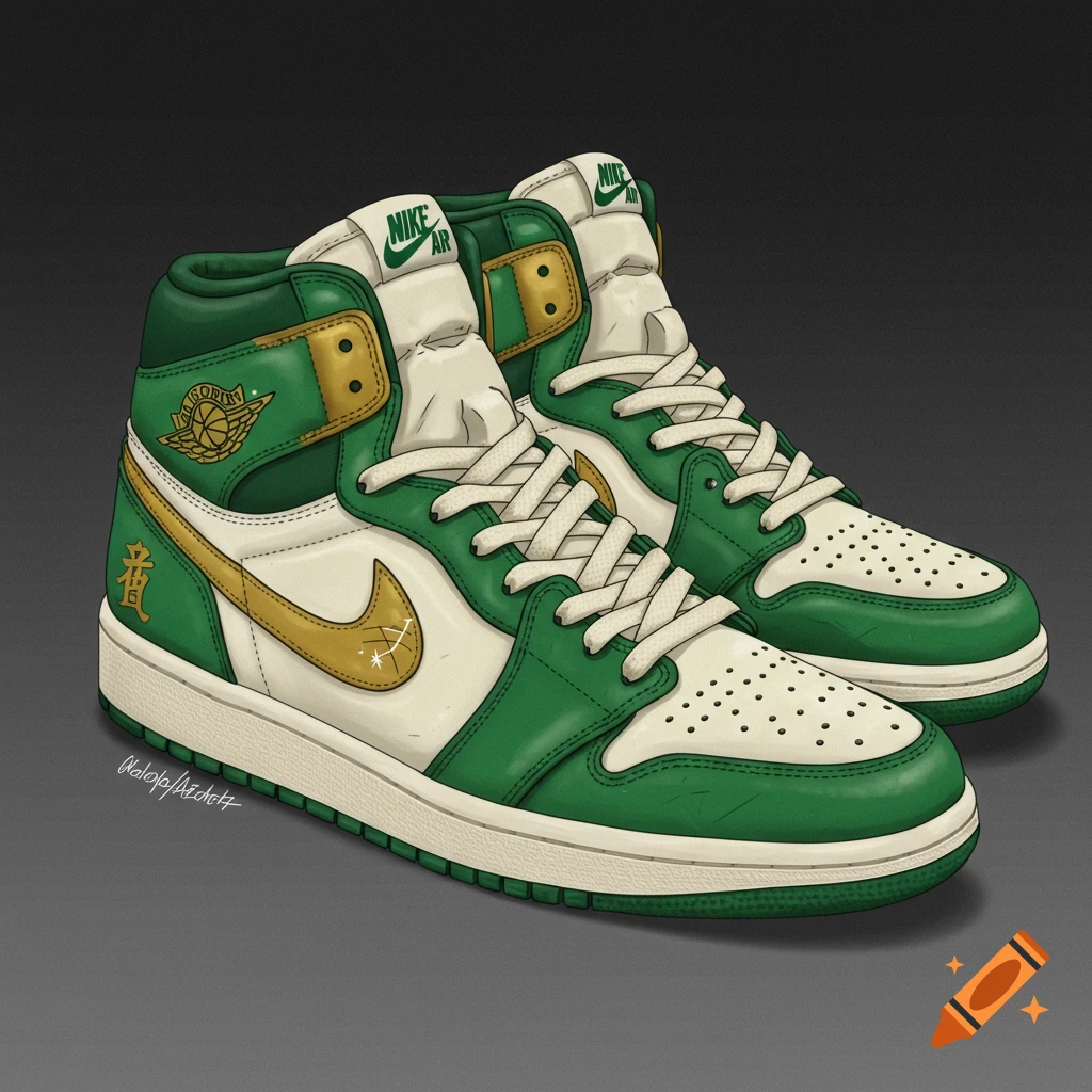 An illustration of a pair of green, gold, and white Air Jordan 1 high-top sneakers with a dragon character on the side.