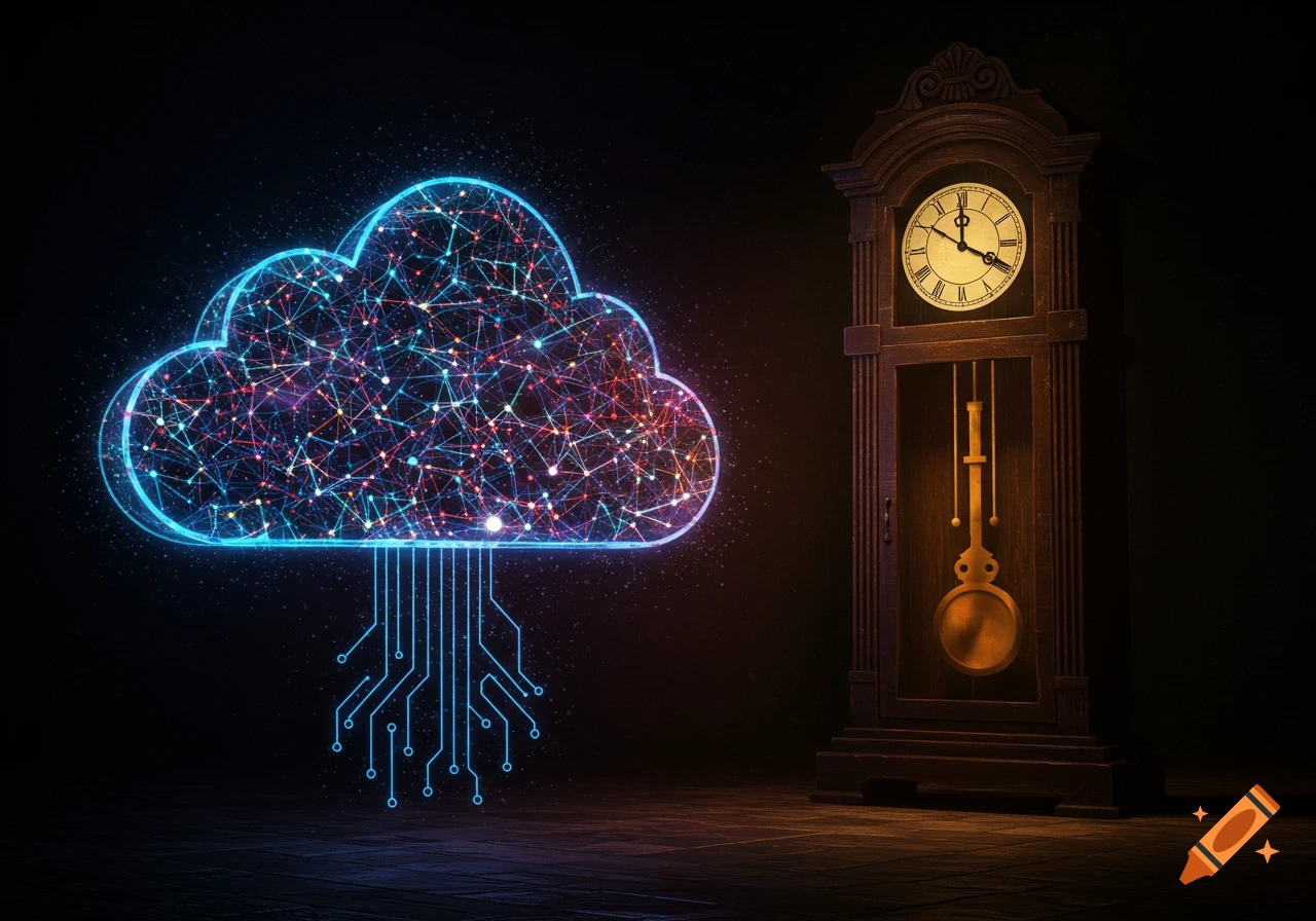 A glowing digital cloud with circuitry next to a wooden grandfather clock on a dark background.