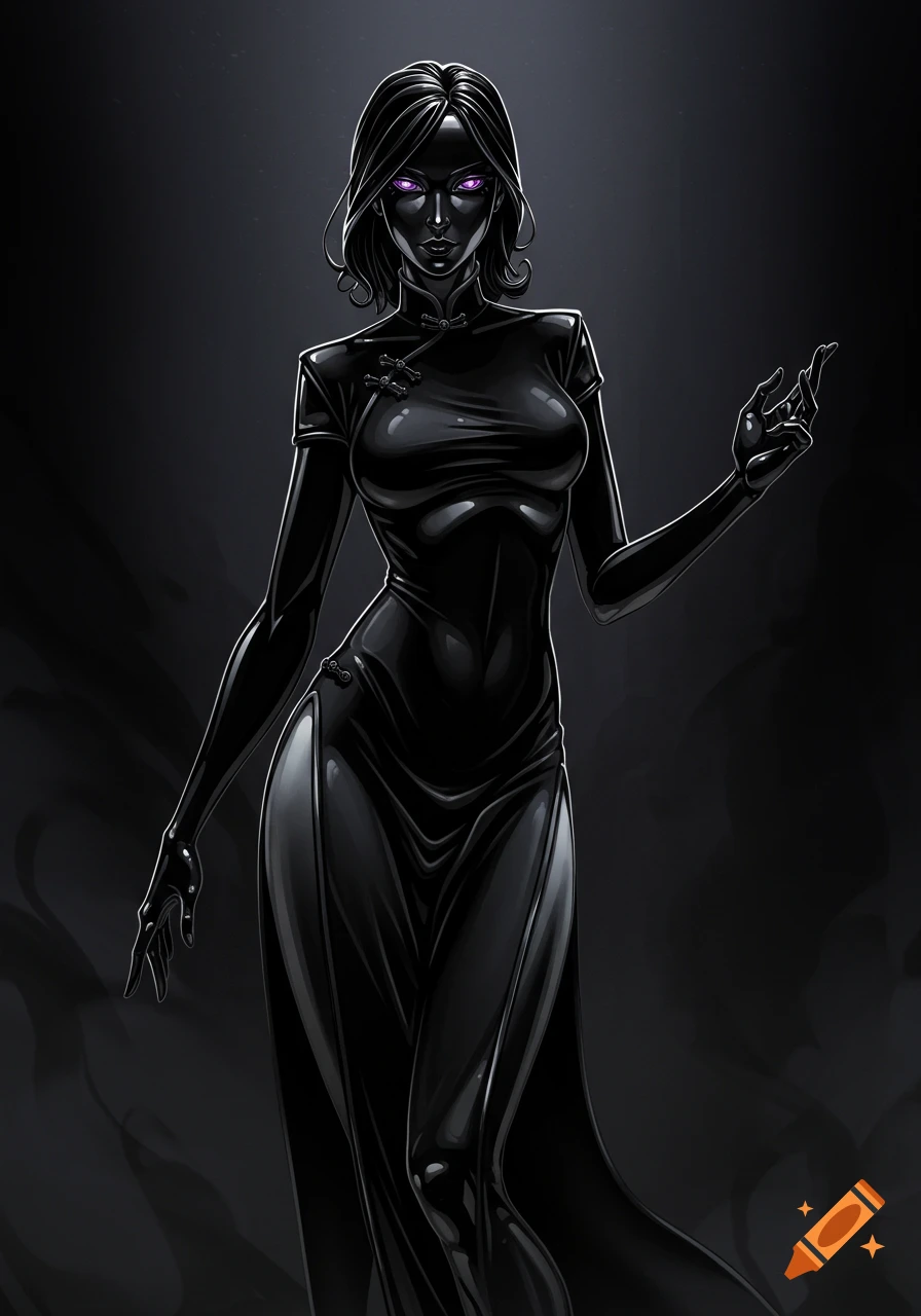 Comic book style illustration of a female supervillain assassin with black glass-like skin and violet eyes, wearing a black qipao.