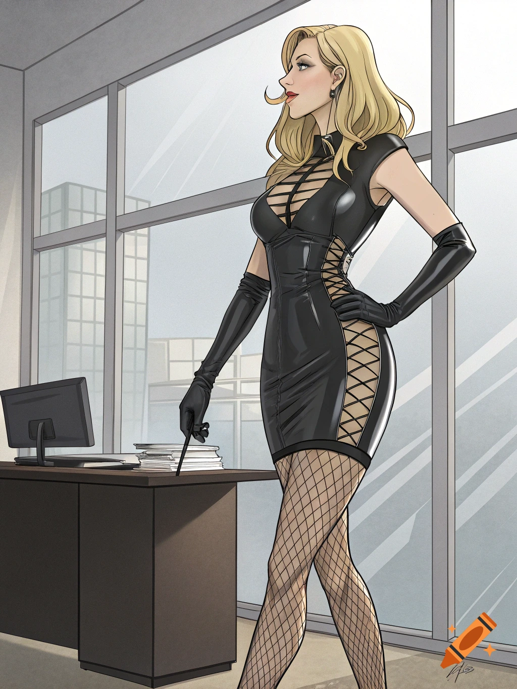 Anime-style illustration of a blonde woman in a black latex mini-dress and fishnet stockings, standing in an office holding a whip.