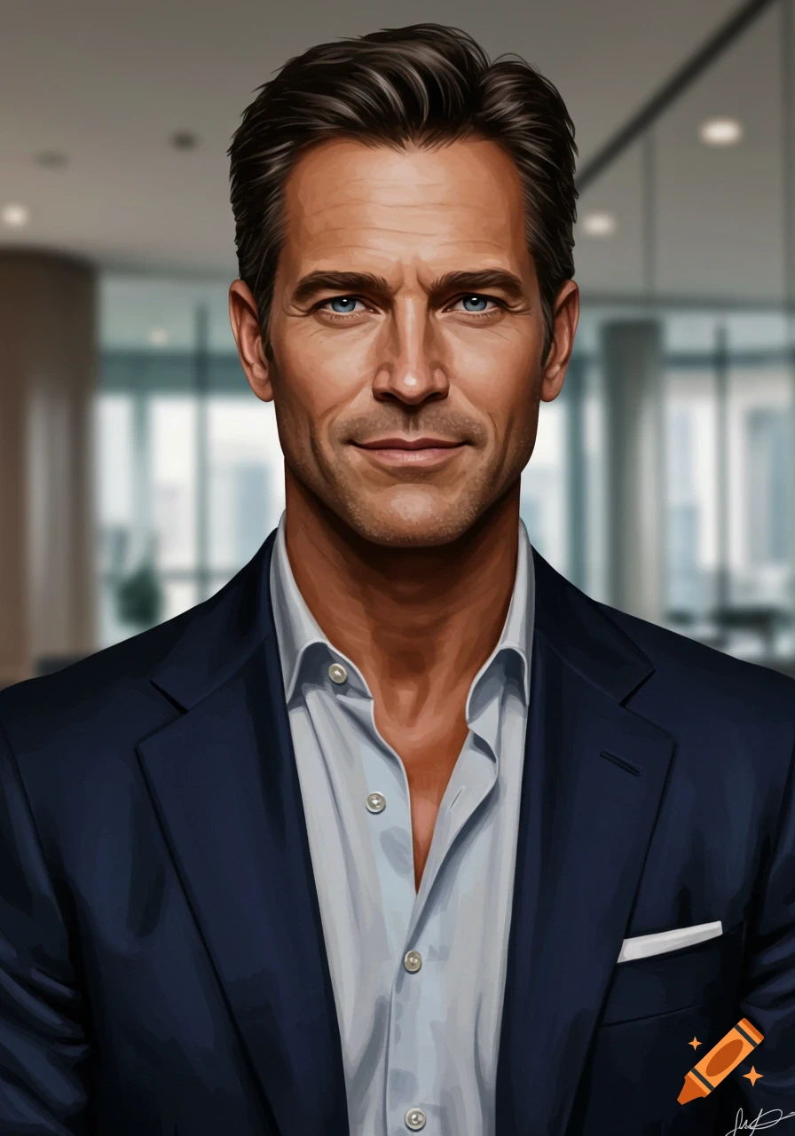 A realistic digital portrait of a middle-aged man with blue eyes and dark hair, wearing a dark blue suit and white shirt, in an office.