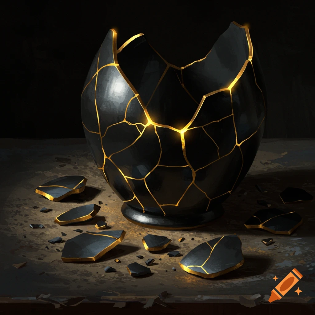 A black pottery vase shattered and repaired with glowing gold cracks, standing on a dark, textured surface with broken pieces scattered around.