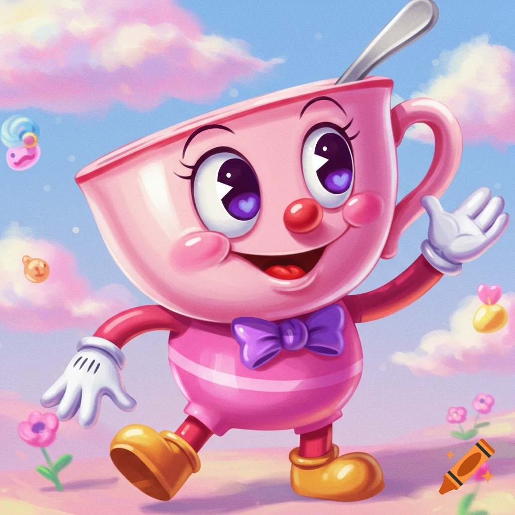 A cheerful pink teacup cartoon character with heart eyes waves in a dreamy pastel landscape.