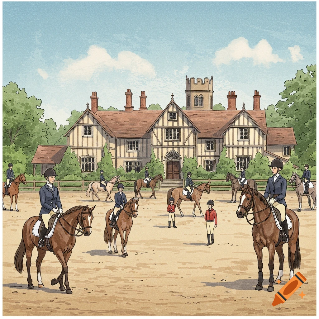 A watercolor illustration of an English riding school with riders on horses in a sandy arena in front of a large Tudor-style building.