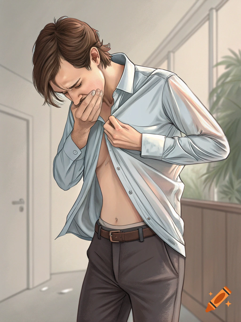 A man in an unbuttoned blue shirt covers his mouth with his hand, looking embarrassed or unwell, in a detailed digital illustration.