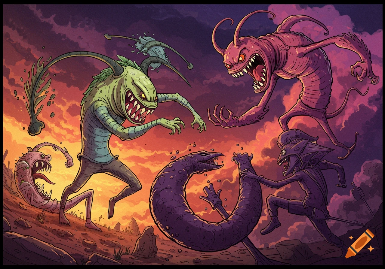 Several stylized, cartoonish monsters with sharp teeth and claws fight on a rocky landscape under a vibrant orange and purple sky.