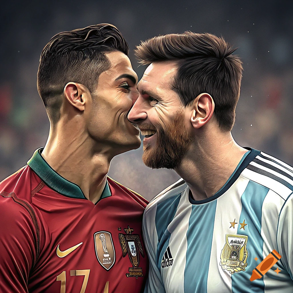 Two soccer players, Cristiano Ronaldo in a red Portugal jersey and Lionel Messi in an Argentina jersey, smiling closely at each other on a field in a photorealistic style.