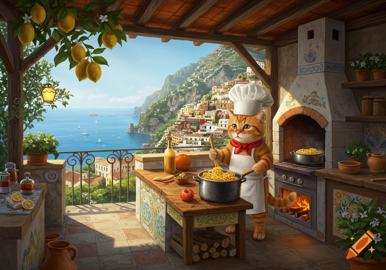 An orange cat chef stirs pasta in an outdoor kitchen overlooking the sunny Amalfi Coast.