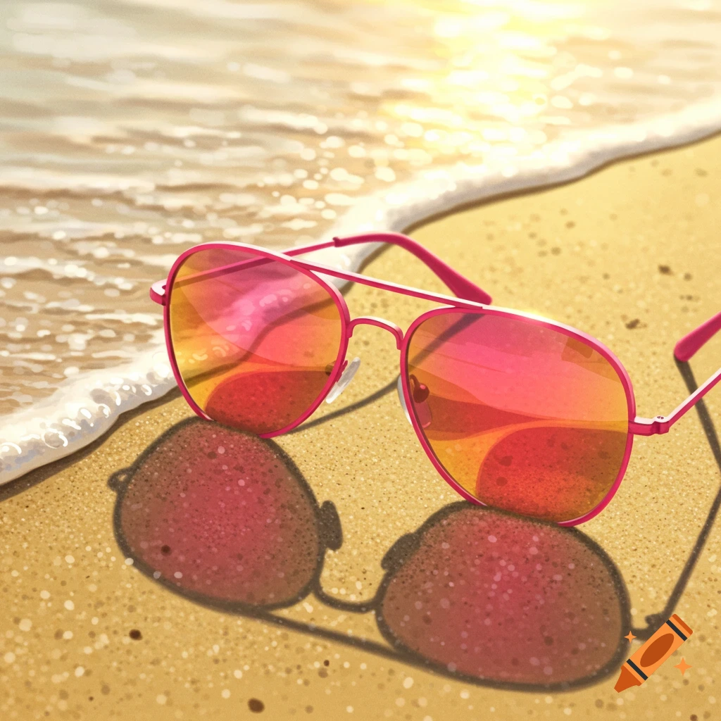 A close-up illustration of pink sunglasses on a sandy beach with the tide gently washing ashore in the background.
