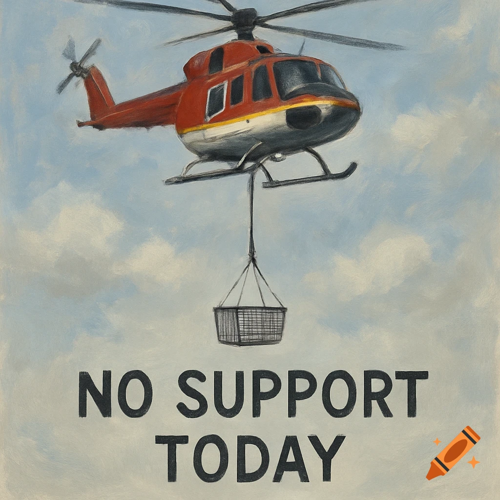 A painted red and white helicopter hovers in a cloudy sky, carrying a basket on a longline. Large text below reads NO SUPPORT TODAY.
