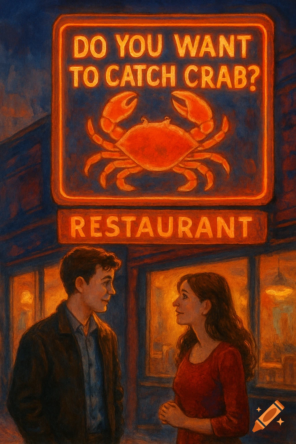 A man and a woman stand outside a restaurant with a glowing orange sign that reads "DO YOU WANT TO CATCH CRAB?" and "RESTAURANT" with a crab illustration.