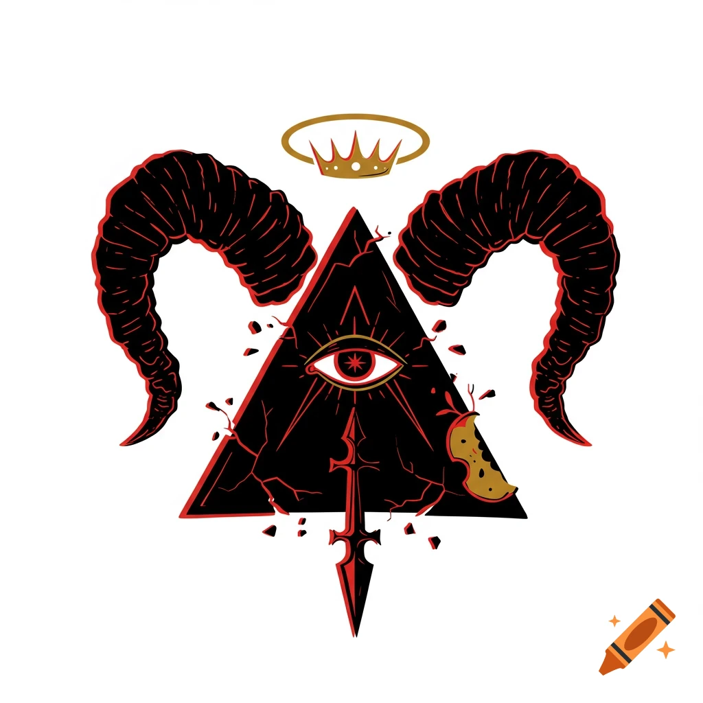 A black inverted triangle with a red eye, thorny sword, and bitten apple, flanked by red-tipped horns, with a broken golden halo above, on a white background.