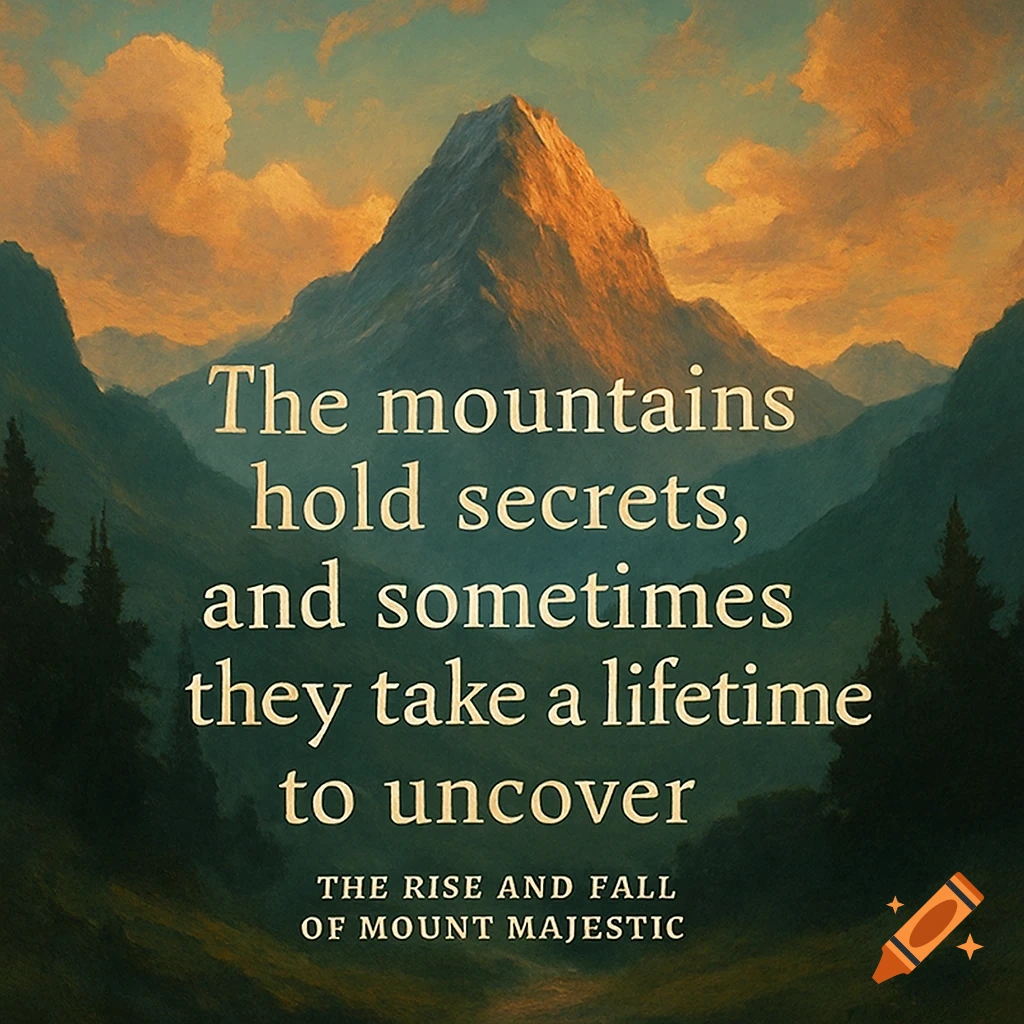 A majestic mountain range at golden hour with a quote overlaid: 'The mountains hold secrets, and sometimes they take a lifetime to uncover'.