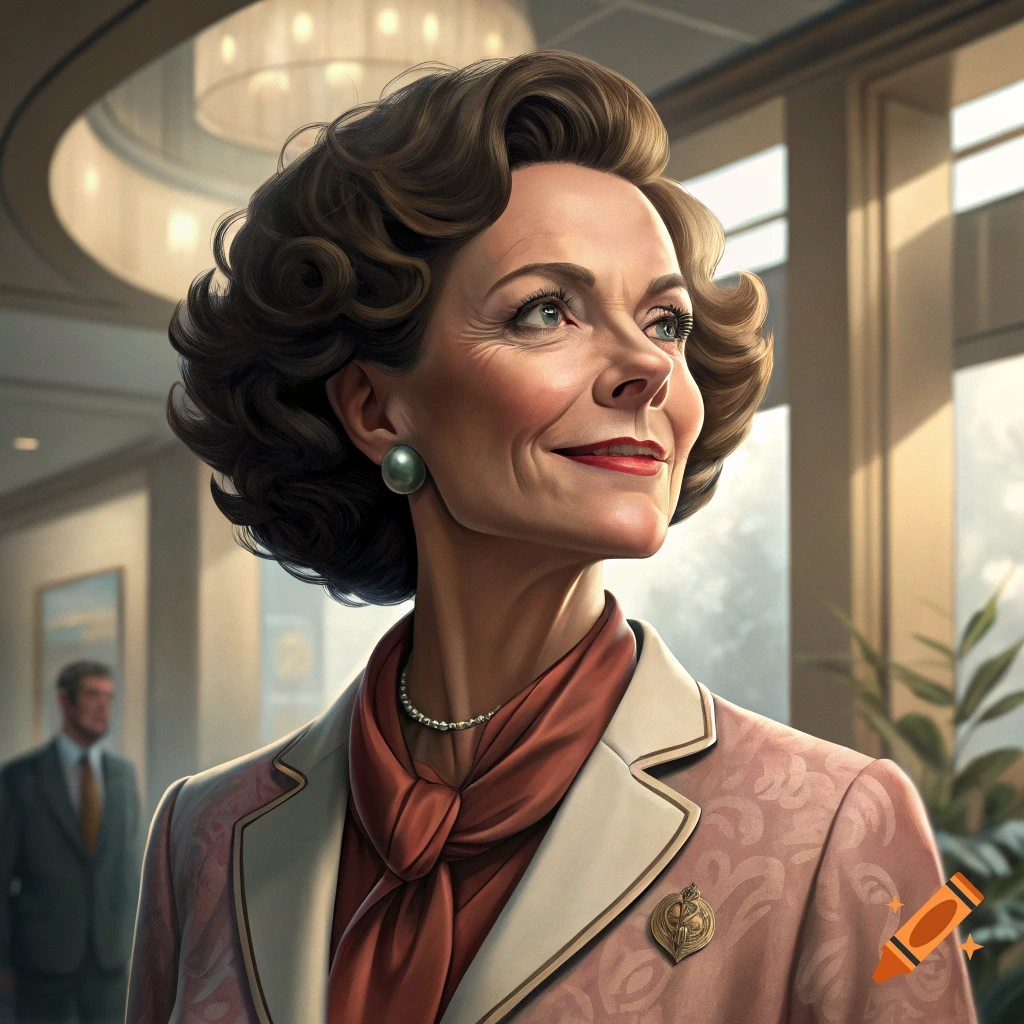 A portrait of a smiling older woman with curly hair, wearing a pearl necklace, pearl earring, and a pink patterned blazer.