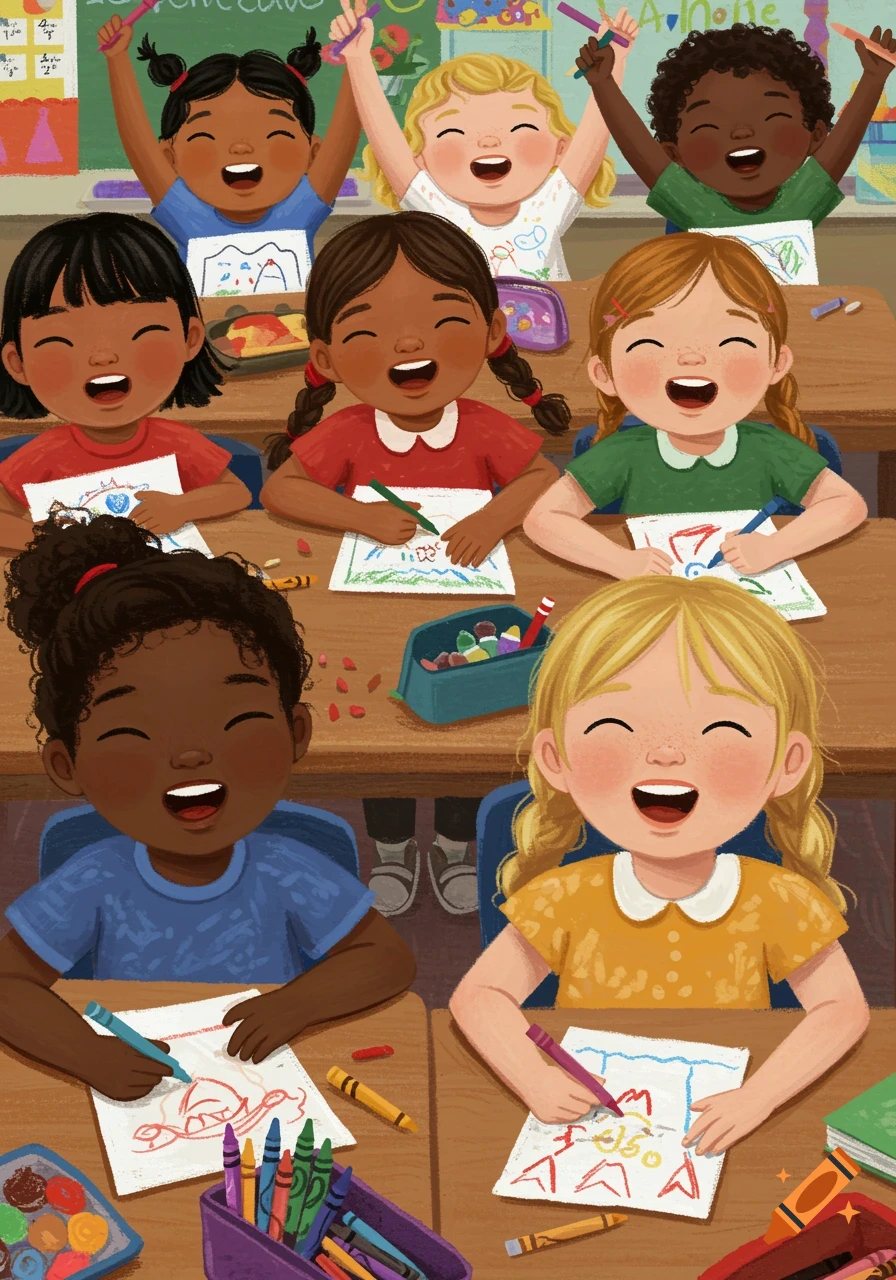 An illustration of diverse young children happily drawing and singing in a lively classroom, surrounded by art supplies.