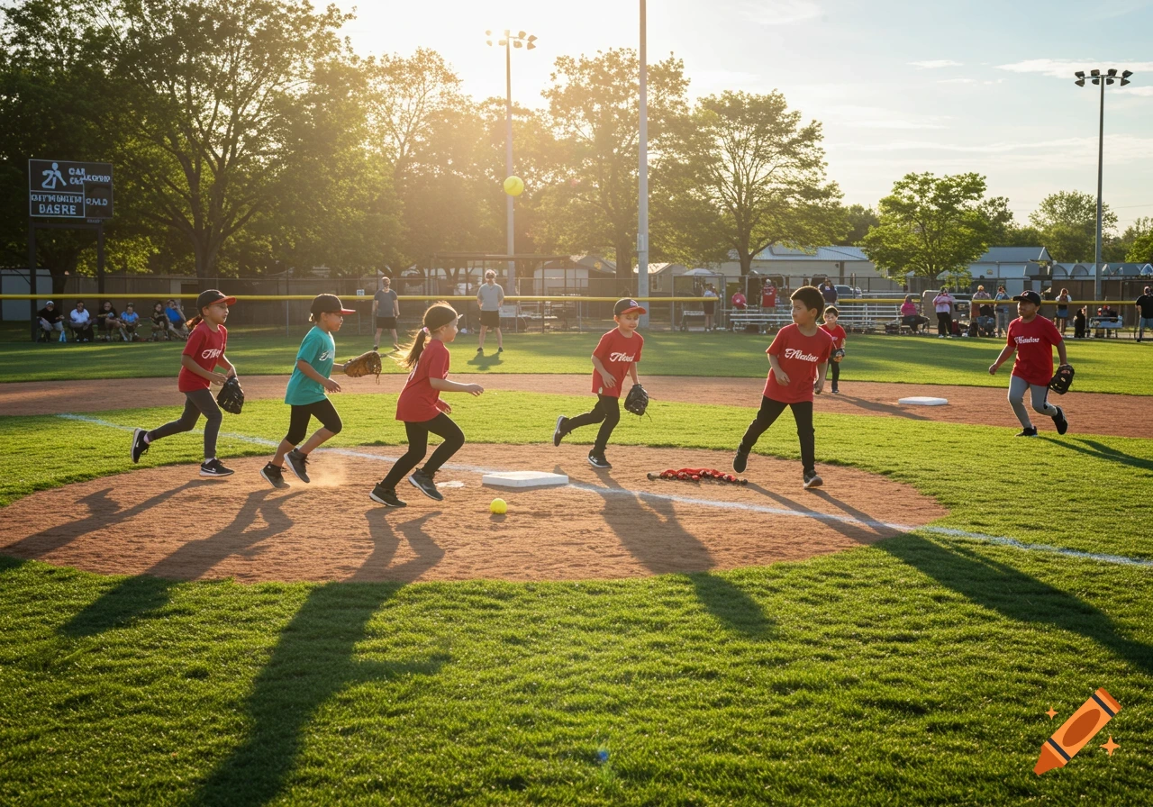 Children in baseball uniforms play on a sunny field, with some running near a base and others in the background.