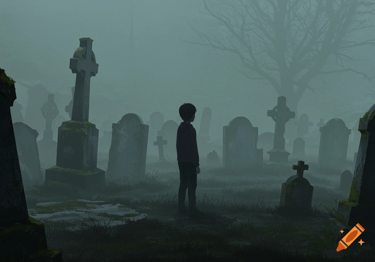A boy stands in a misty graveyard surrounded by weathered headstones and a bare tree.