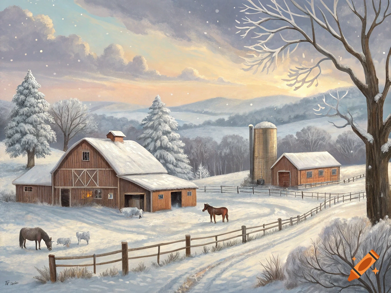 An oil pastel painting of a snowy farm with barns, a silo, and horses and sheep in a field, under a colorful winter sky.