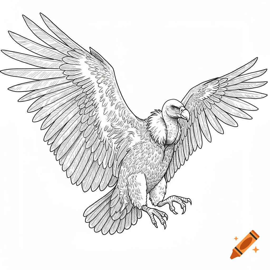 A black and white line drawing of a vulture with its wings spread, in flight.
