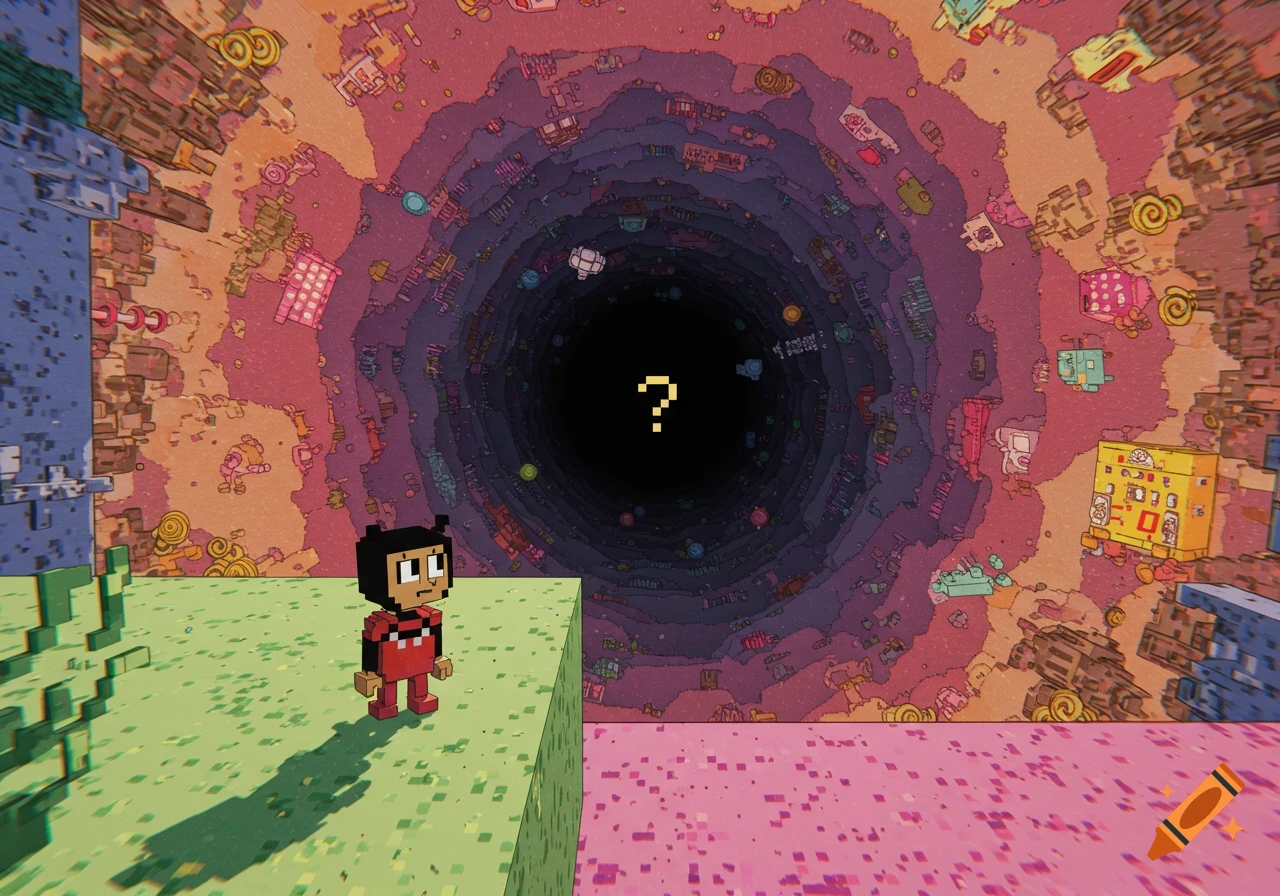 A pixel art character stands on a green block, looking into a deep, colorful, abstract rabbit hole with a glowing question mark at its dark center.