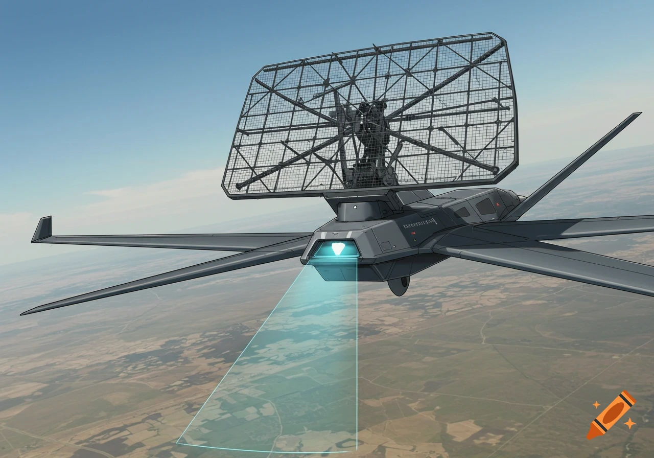 A futuristic dark gray aircraft with a large radar dish flies over a landscape, emitting a blue light downwards.