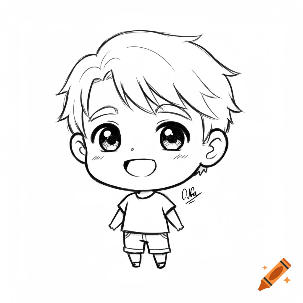 A black and white line art drawing of a smiling chibi boy wearing a t-shirt and shorts.