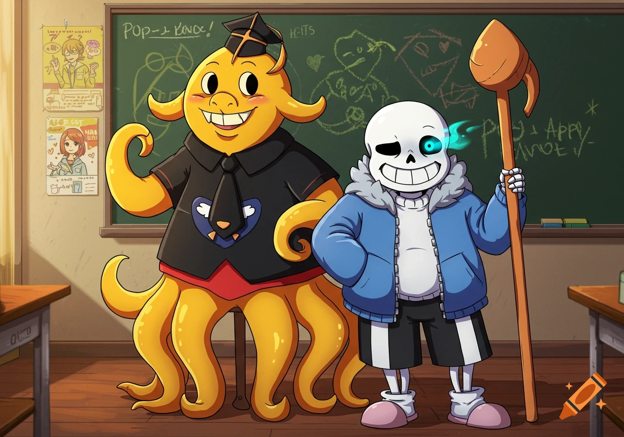 Koro-sensei and Sans the skeleton smiling in a cartoon classroom setting.