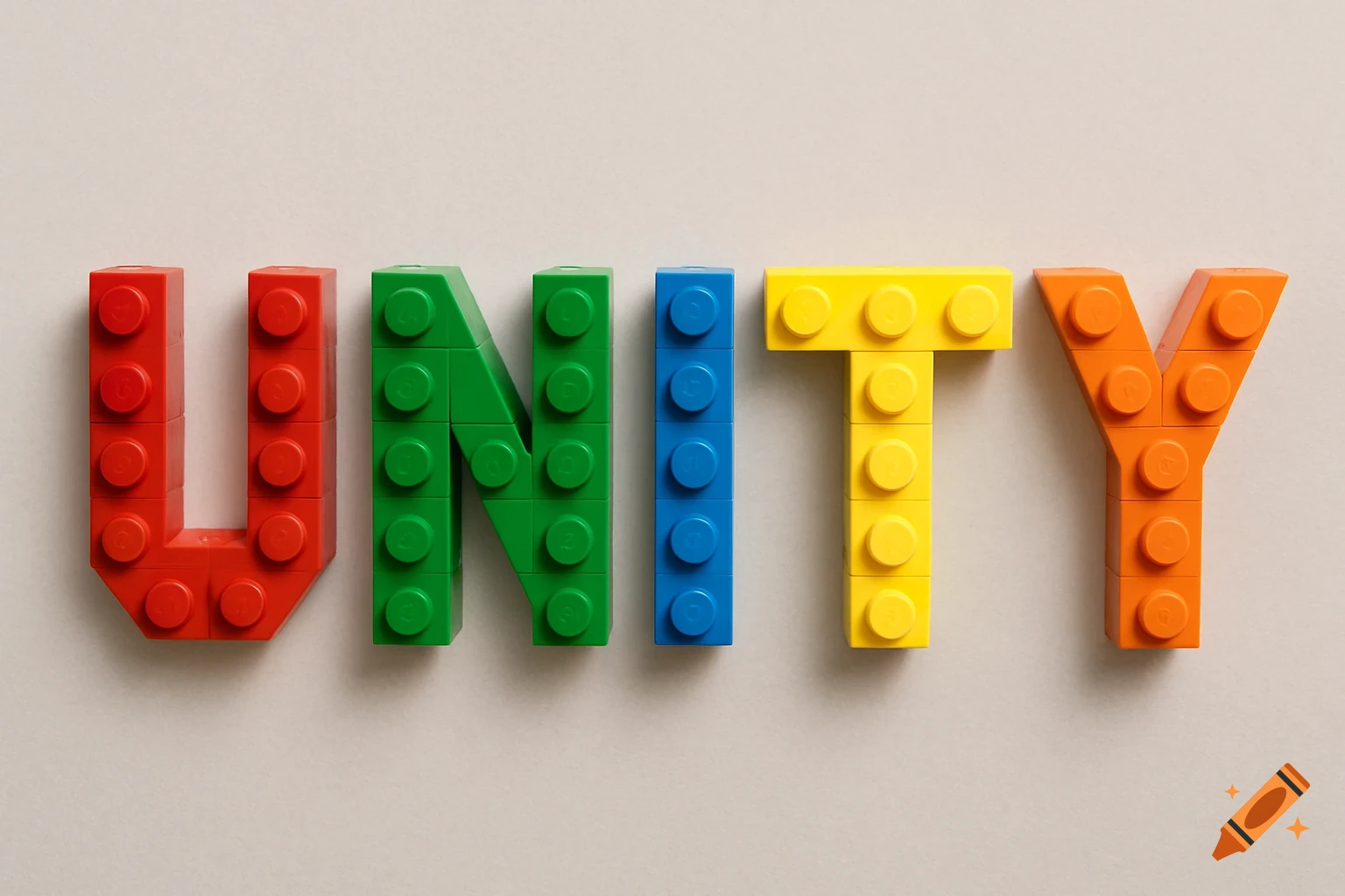 The word UNITY spelled out in colorful Lego bricks on a light background.