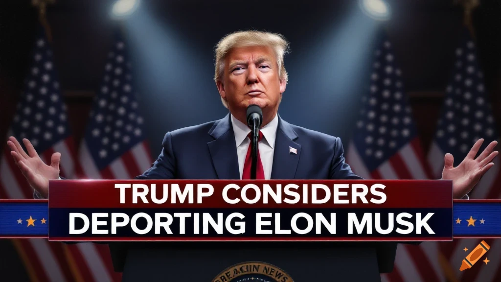 Donald Trump behind a podium with American flags in the background and a news headline, photorealistic style.