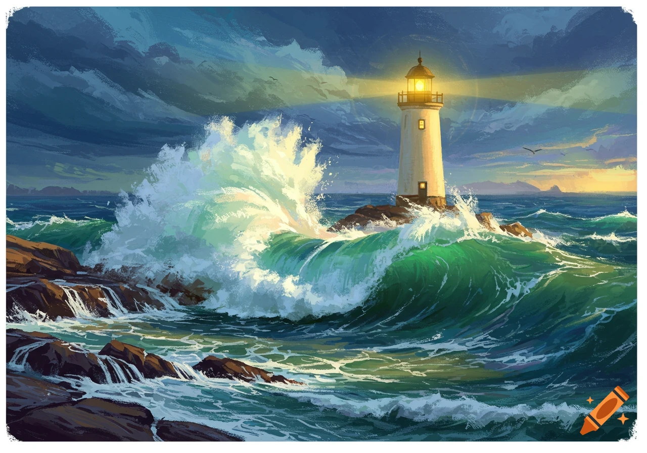 A dramatic painting of a white lighthouse on rocky shore, illuminated by its own beam, as large waves crash around it under a stormy sky.