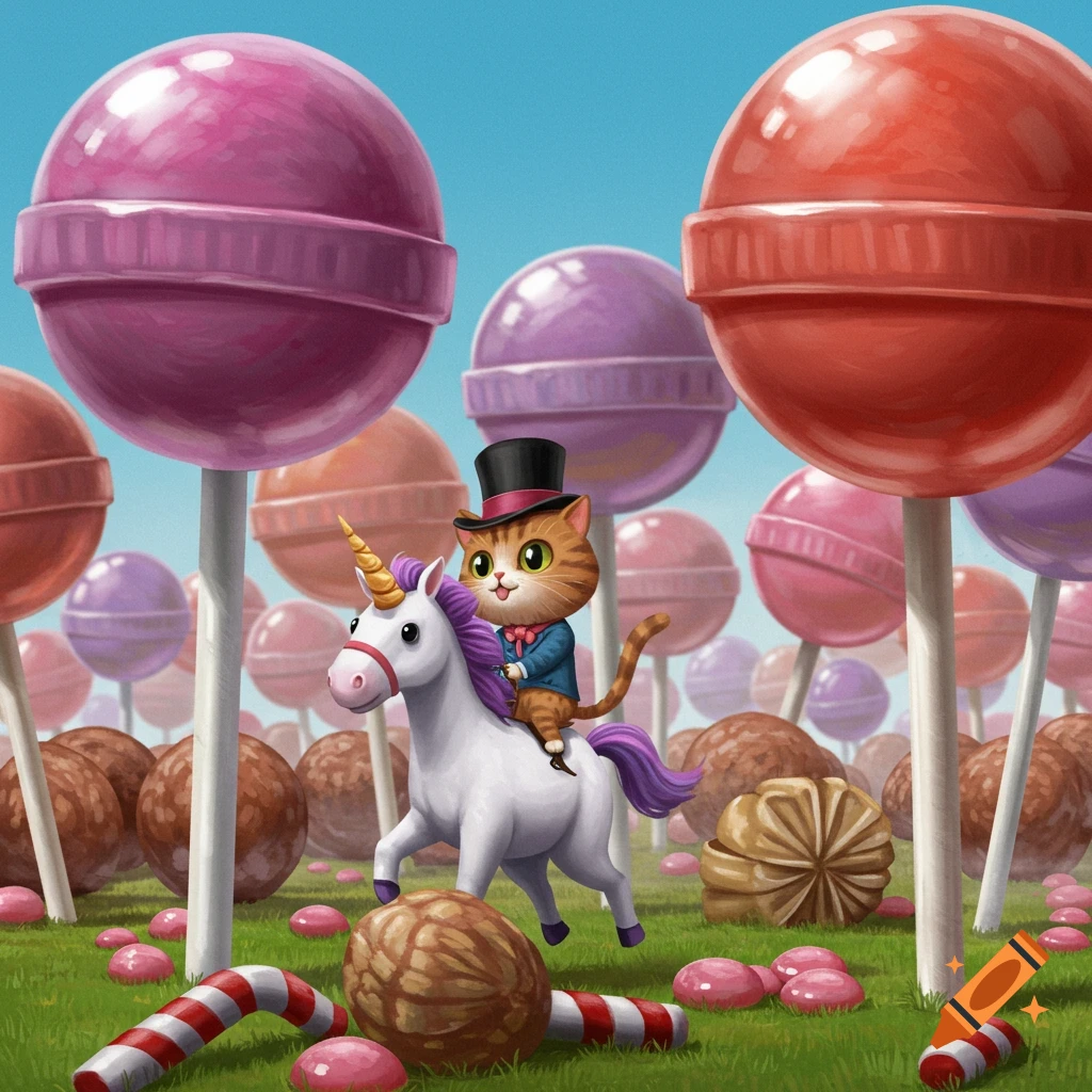 A cartoon cat in a top hat rides a white unicorn through a colorful candy land filled with giant lollipops and chocolate bonbons.