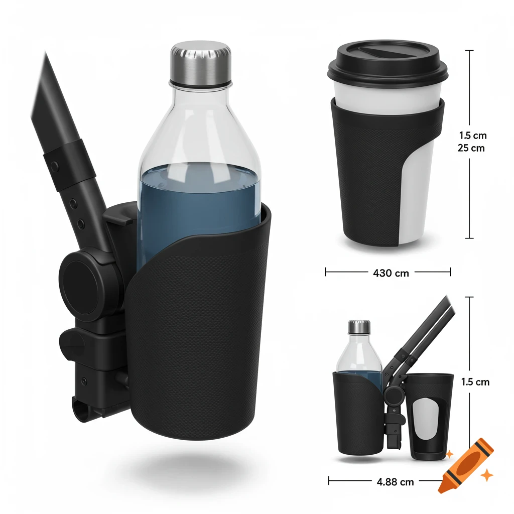 A 3D render of a black cup holder designed for a travel stroller, shown holding a water bottle and a coffee cup. Dimensions are indicated.