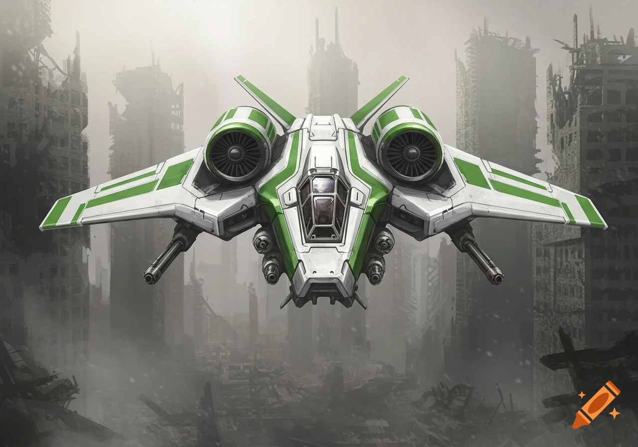 A digital painting of a white and green futuristic VTOL spacecraft flying over a gloomy, ruined post-apocalyptic cityscape.