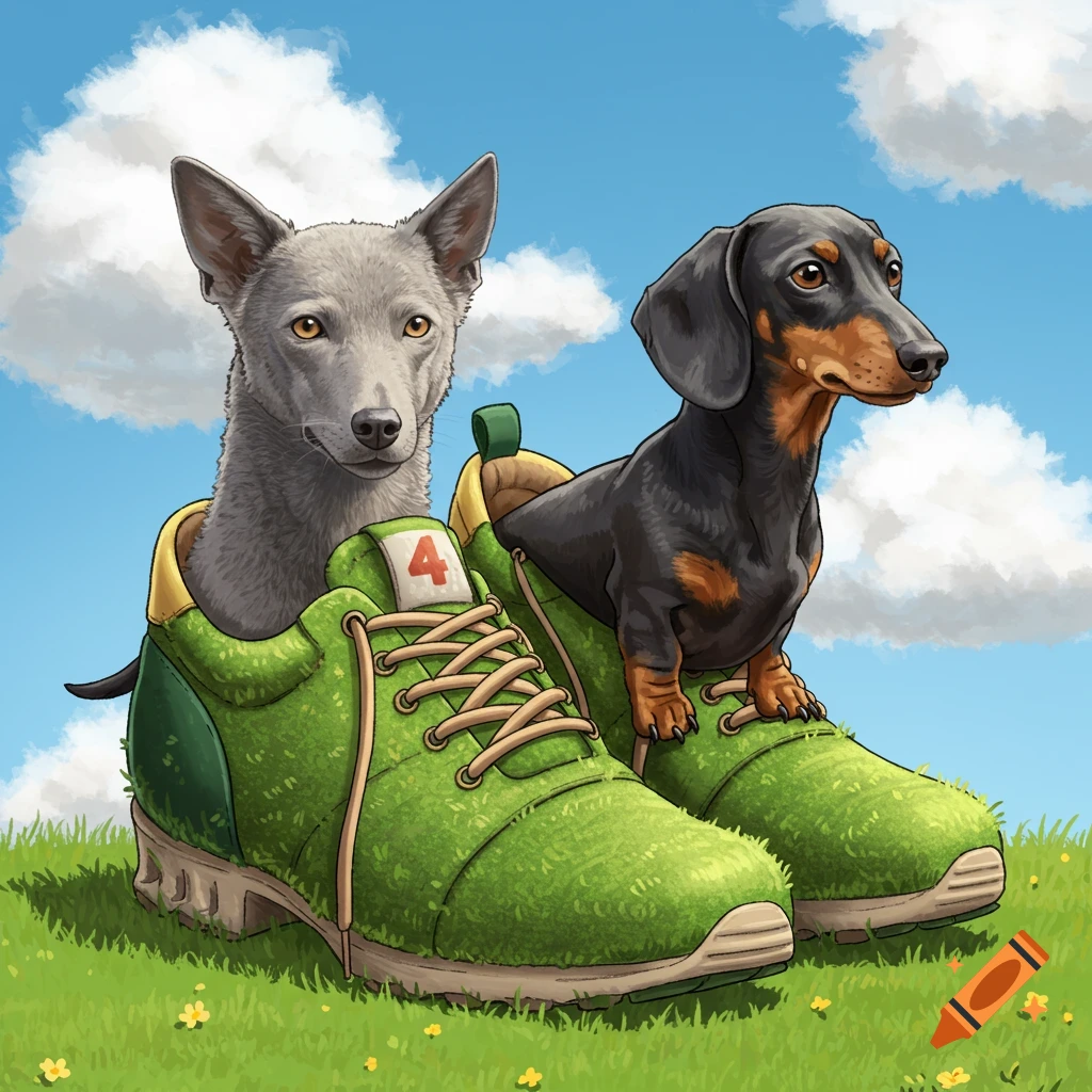 Two dogs, a grey dog and a dachshund, sitting inside oversized green grassy running shoes on a sunny green field.
