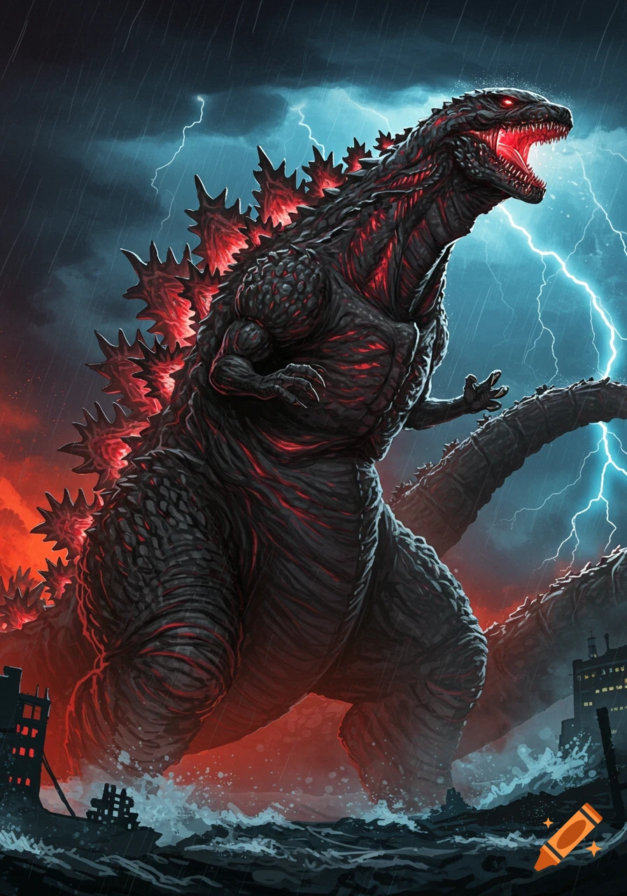 A black and red monster, Shin Godzilla, roars in a stormy, lightning-filled sky with city ruins below, in a dramatic digital art style.