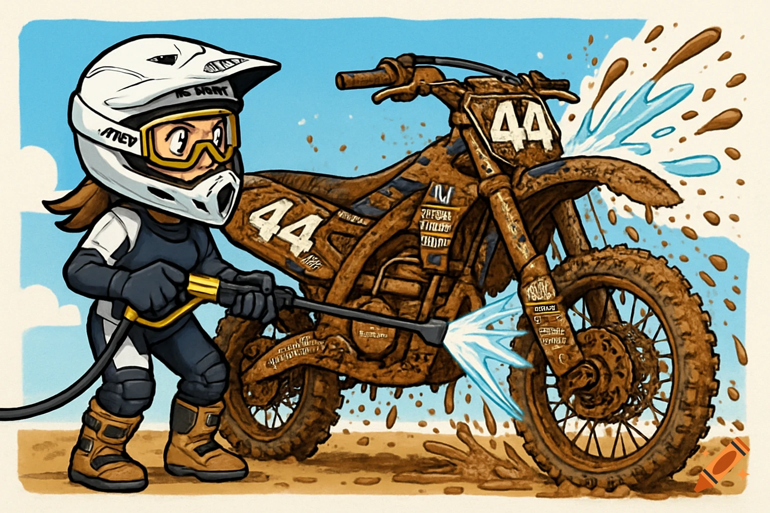 A vibrant cartoon shows a woman in motocross gear pressure washing a muddy dirt bike with the number 44.