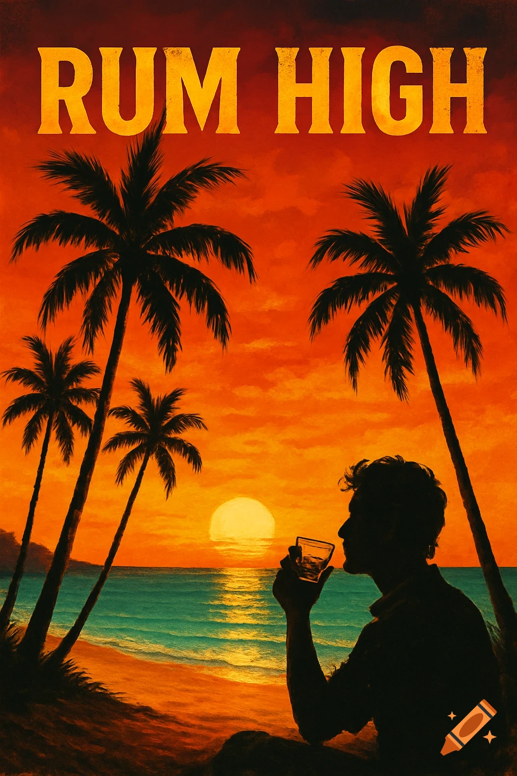 Stylized beach sunset with palm trees, a silhouette of a person drinking, and 'RUM HIGH' text.