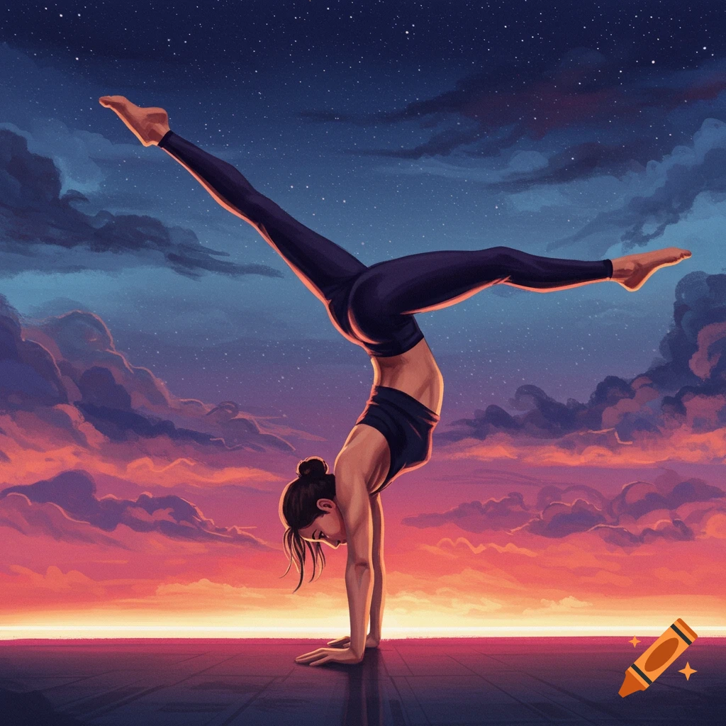 Illustrated woman in a handstand pose against a vibrant sunset and starry night sky.
