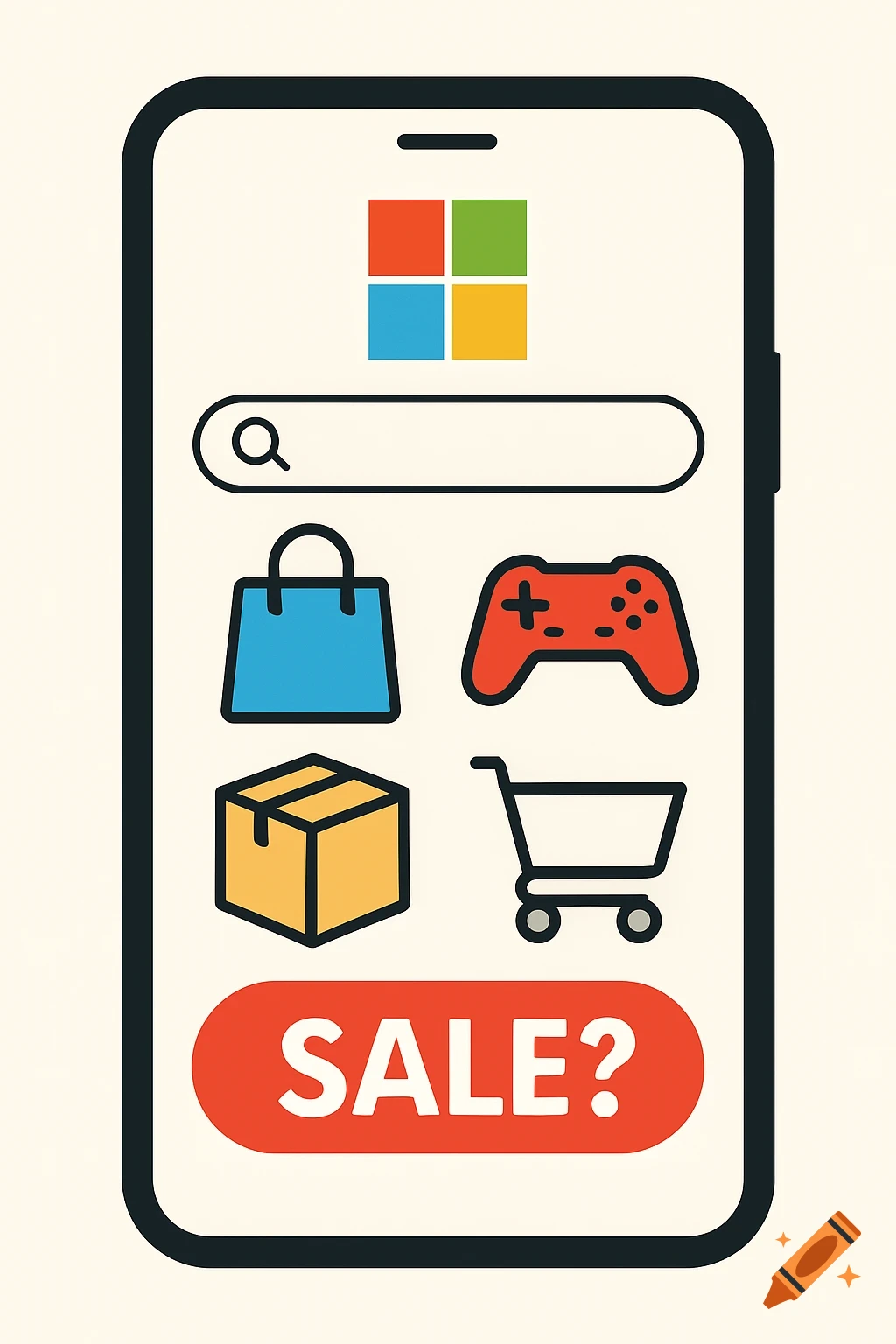 Vector illustration of a smartphone displaying an e-commerce app interface with shopping icons and a 'SALE?' button.