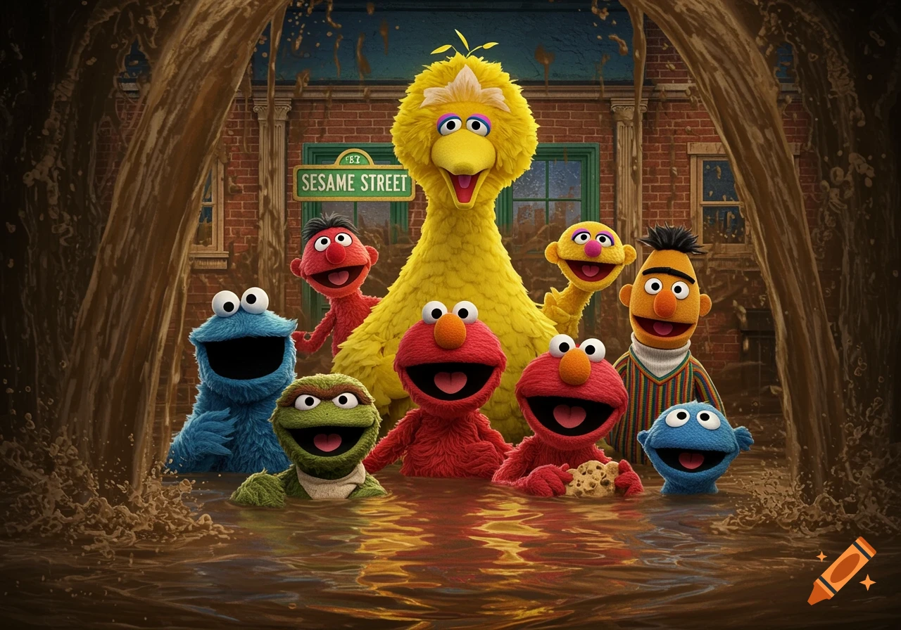 A group of Sesame Street characters, including Big Bird, Elmo, Cookie Monster, and Bert, smiling while standing in muddy floodwaters with the Sesame Street building in the background.