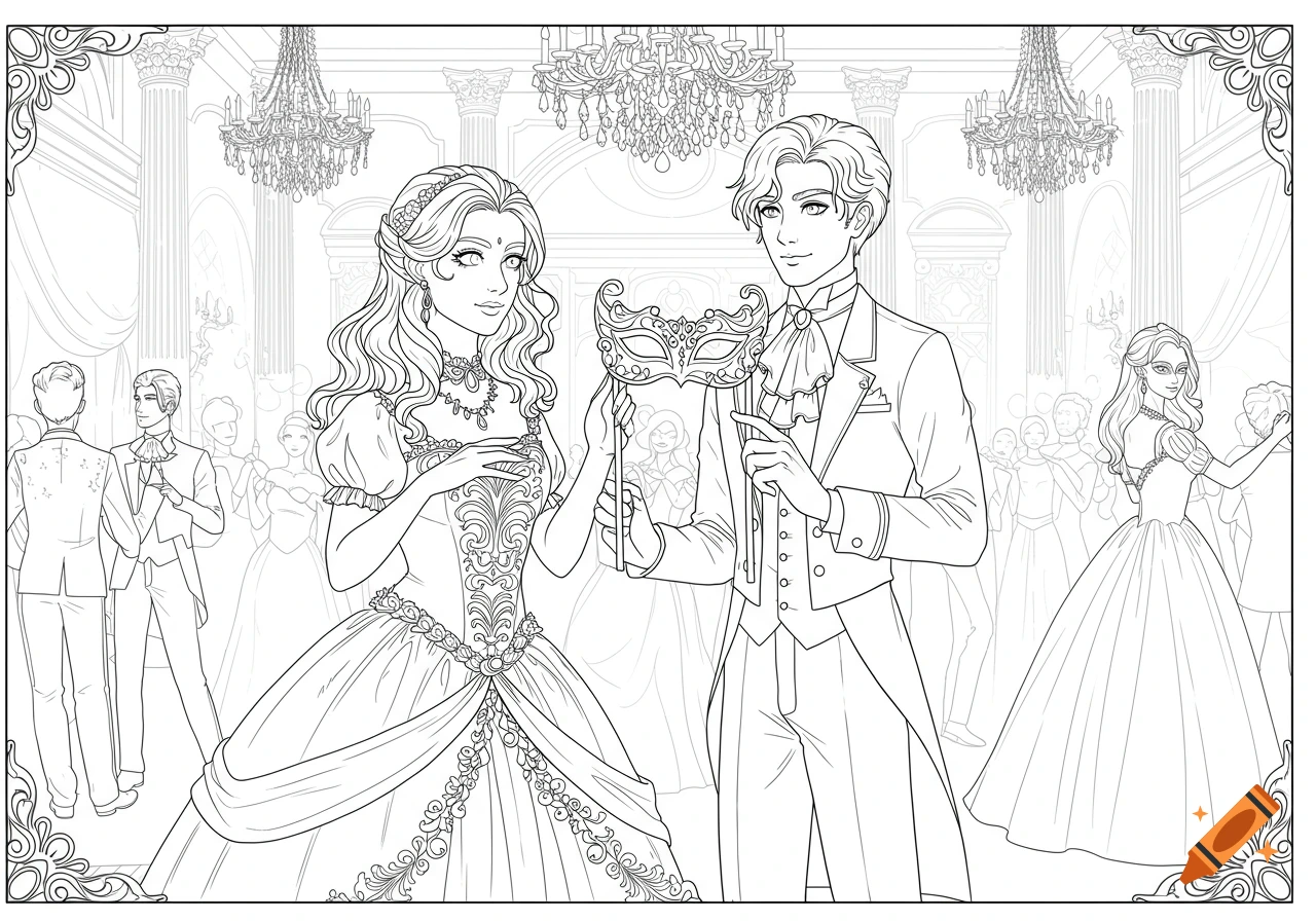 A black and white coloring book illustration of a male and female duo at a grand masquerade ball, holding an ornate mask.