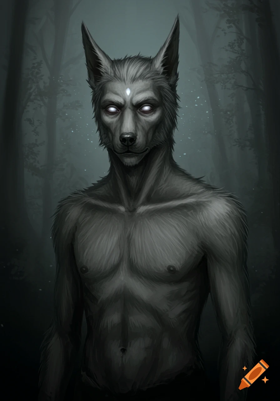 A dark fantasy digital painting of a muscular, gray-furred wolf-human hybrid with glowing white eyes in a misty forest.