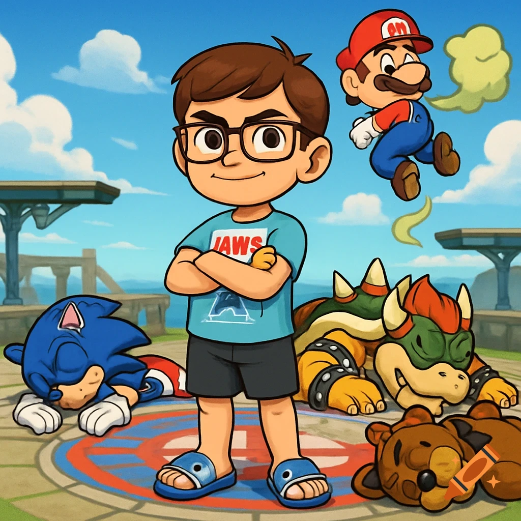 A confident cartoon boy in a Jaws shirt and shark sandals stands with crossed arms in a battle arena. Around him, cartoon versions of Sonic, Bowser, and a Freddy plush lie defeated. A farting Mario floats above.