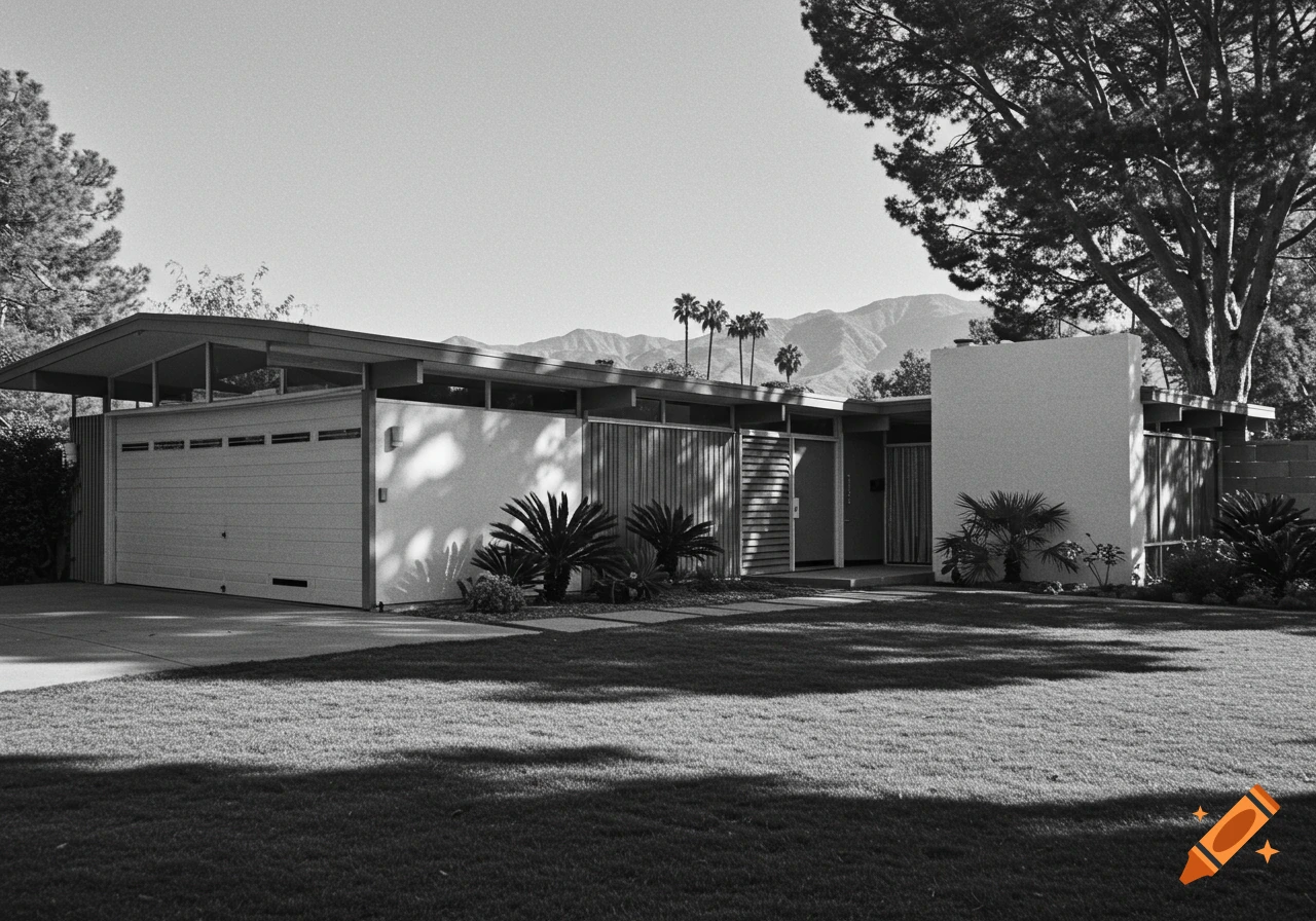 A black and white photograph of a mid-century modern house with a front lawn, trees, and mountains in the background.